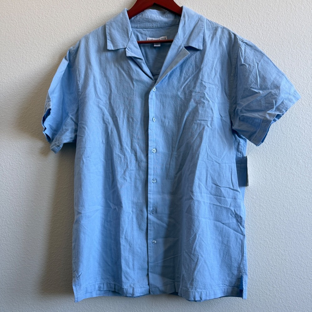 And Now This Mens Light Blue Cotton Linen Camp Collar Short Sleeve Shirt L